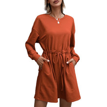 Load image into Gallery viewer, 2021 Women O Neck Short Dress With Sash Long Sleeve Loose Mini Dress A Line Mini Dress Party Vestidos 2021 Side Pockets Casual