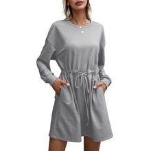 Load image into Gallery viewer, 2021 Women O Neck Short Dress With Sash Long Sleeve Loose Mini Dress A Line Mini Dress Party Vestidos 2021 Side Pockets Casual
