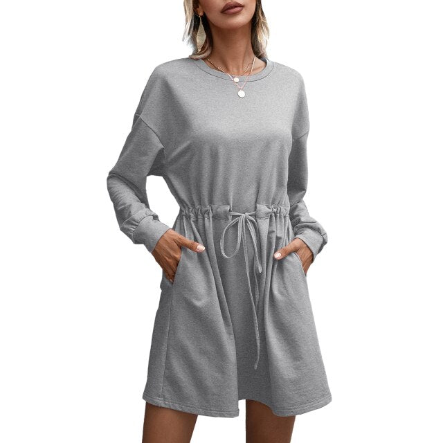2021 Women O Neck Short Dress With Sash Long Sleeve Loose Mini Dress A Line Mini Dress Party Vestidos 2021 Side Pockets Casual