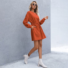Load image into Gallery viewer, 2021 Women O Neck Short Dress With Sash Long Sleeve Loose Mini Dress A Line Mini Dress Party Vestidos 2021 Side Pockets Casual