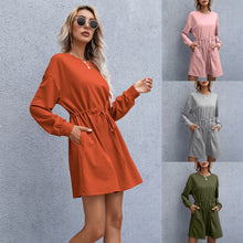 Load image into Gallery viewer, 2021 Women O Neck Short Dress With Sash Long Sleeve Loose Mini Dress A Line Mini Dress Party Vestidos 2021 Side Pockets Casual