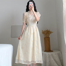 Load image into Gallery viewer, 2021 Women Retro Embroidery Floral Fairy Dress Vestido Summer Elegant Chiffon Short Sleeve High Waist Party Dresses Femme