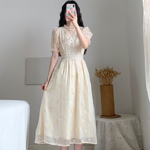 2021 Women Retro Embroidery Floral Fairy Dress Vestido Summer Elegant Chiffon Short Sleeve High Waist Party Dresses Femme