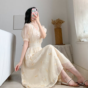 2021 Women Retro Embroidery Floral Fairy Dress Vestido Summer Elegant Chiffon Short Sleeve High Waist Party Dresses Femme