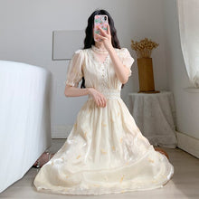 Load image into Gallery viewer, 2021 Women Retro Embroidery Floral Fairy Dress Vestido Summer Elegant Chiffon Short Sleeve High Waist Party Dresses Femme