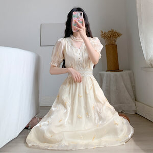 2021 Women Retro Embroidery Floral Fairy Dress Vestido Summer Elegant Chiffon Short Sleeve High Waist Party Dresses Femme