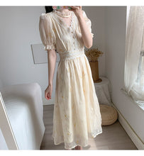 Load image into Gallery viewer, 2021 Women Retro Embroidery Floral Fairy Dress Vestido Summer Elegant Chiffon Short Sleeve High Waist Party Dresses Femme