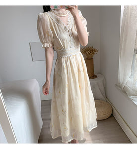 2021 Women Retro Embroidery Floral Fairy Dress Vestido Summer Elegant Chiffon Short Sleeve High Waist Party Dresses Femme