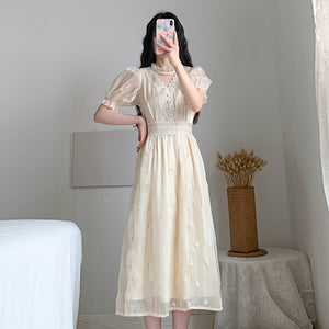 2021 Women Retro Embroidery Floral Fairy Dress Vestido Summer Elegant Chiffon Short Sleeve High Waist Party Dresses Femme