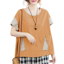 Load image into Gallery viewer, 2021 Women&#39;S Summer T-Shirt O Neck Splicing Pocket Contrast Sleeves Shirt  Asymmetric Hem Sweet Casual Loose Female BasisTops