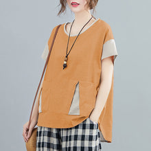 Load image into Gallery viewer, 2021 Women&#39;S Summer T-Shirt O Neck Splicing Pocket Contrast Sleeves Shirt  Asymmetric Hem Sweet Casual Loose Female BasisTops