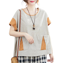 Load image into Gallery viewer, 2021 Women&#39;S Summer T-Shirt O Neck Splicing Pocket Contrast Sleeves Shirt  Asymmetric Hem Sweet Casual Loose Female BasisTops