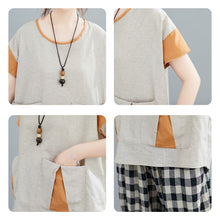 Load image into Gallery viewer, 2021 Women&#39;S Summer T-Shirt O Neck Splicing Pocket Contrast Sleeves Shirt  Asymmetric Hem Sweet Casual Loose Female BasisTops