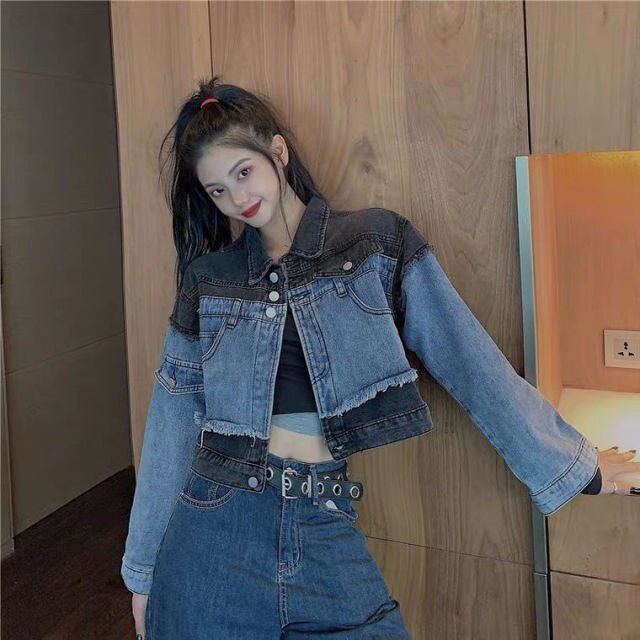 2021 Women Short Denim Crop Jacket Patchwork Autumn Spring Causal Female Clothes