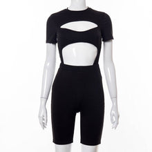Load image into Gallery viewer, 2021 Women Suit 2 Piece/Set Sexy Hollow Out Short Sleeve O-neck Bodysuit Skinny Biker Shorts Summer Tracksuit Outfits