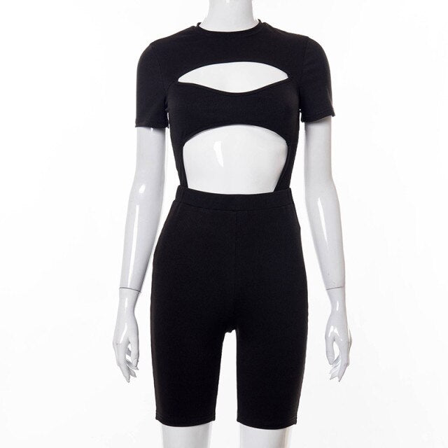 2021 Women Suit 2 Piece/Set Sexy Hollow Out Short Sleeve O-neck Bodysuit Skinny Biker Shorts Summer Tracksuit Outfits