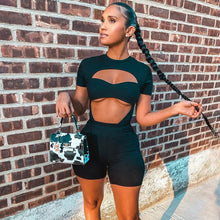 Load image into Gallery viewer, 2021 Women Suit 2 Piece/Set Sexy Hollow Out Short Sleeve O-neck Bodysuit Skinny Biker Shorts Summer Tracksuit Outfits