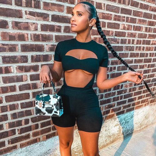 2021 Women Suit 2 Piece/Set Sexy Hollow Out Short Sleeve O-neck Bodysuit Skinny Biker Shorts Summer Tracksuit Outfits