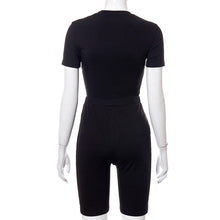 Load image into Gallery viewer, 2021 Women Suit 2 Piece/Set Sexy Hollow Out Short Sleeve O-neck Bodysuit Skinny Biker Shorts Summer Tracksuit Outfits