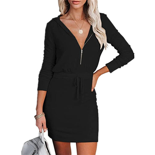 2021 Women Summer Pure Color Sashes Zipper V-Neck Long Sleeve Hooded Tunic Dresses Ladies Casual Corset Lace-Up Dress Vestidos
