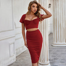 Load image into Gallery viewer, 2021 Women Summer Sexy Short Sleeve Square Collar T-shirt Solid Skirt Bandage Set Celebrity Designer Evening Party Women&#39;s Set
