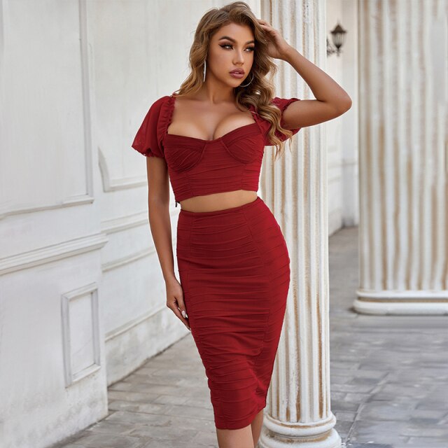 2021 Women Summer Sexy Short Sleeve Square Collar T-shirt Solid Skirt Bandage Set Celebrity Designer Evening Party Women's Set