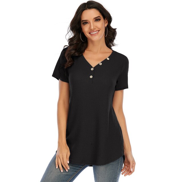 2021 Women Summer T-shirt Waffle Tops  Fashion Sexy V-Neck Solid Tee Tops New Female Casual T-shirts Mujer Chic Tops