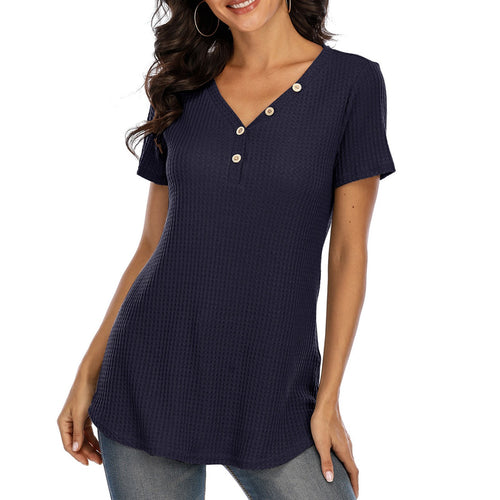2021 Women Summer T-shirt Waffle Tops  Fashion Sexy V-Neck Solid Tee Tops New Female Casual T-shirts Mujer Chic Tops