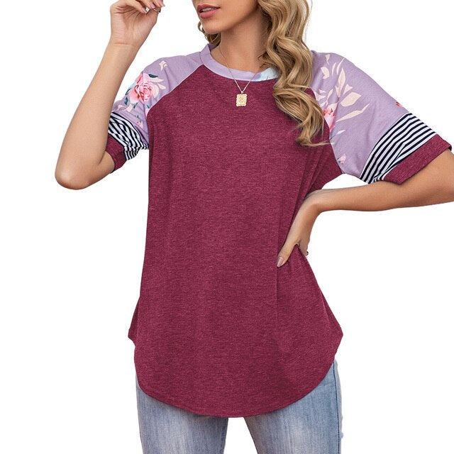 2021 Women Tee Shirts  Raglan Short Sleeve Splicing Floral Stripes Print Shirts Loose Fit Tee Tops Casual Summer T-Shirts Femme