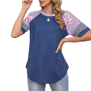 2021 Women Tee Shirts  Raglan Short Sleeve Splicing Floral Stripes Print Shirts Loose Fit Tee Tops Casual Summer T-Shirts Femme