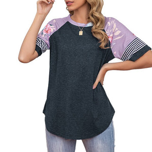2021 Women Tee Shirts  Raglan Short Sleeve Splicing Floral Stripes Print Shirts Loose Fit Tee Tops Casual Summer T-Shirts Femme