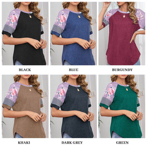 2021 Women Tee Shirts  Raglan Short Sleeve Splicing Floral Stripes Print Shirts Loose Fit Tee Tops Casual Summer T-Shirts Femme