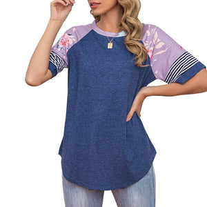 2021 Women Tee Shirts  Raglan Short Sleeve Splicing Floral Stripes Print Shirts Loose Fit Tee Tops Casual Summer T-Shirts Femme