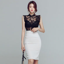 Load image into Gallery viewer, 2021 Women Two Piece Outfits Summer Sexy Black Lace Embroidery Perspective Blouse  + High Waist Bodycon Pencil Skirt 2 Piece Set