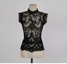 Load image into Gallery viewer, 2021 Women Two Piece Outfits Summer Sexy Black Lace Embroidery Perspective Blouse  + High Waist Bodycon Pencil Skirt 2 Piece Set