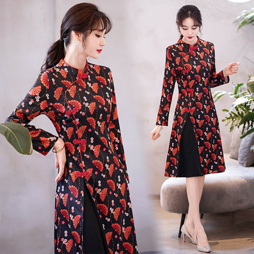 2021 Women Vintage Chinese Style Long Sleeve Slim Knee Length Dress Autumn Stand Collar Buckle Print Elegant Improved Cheongsam