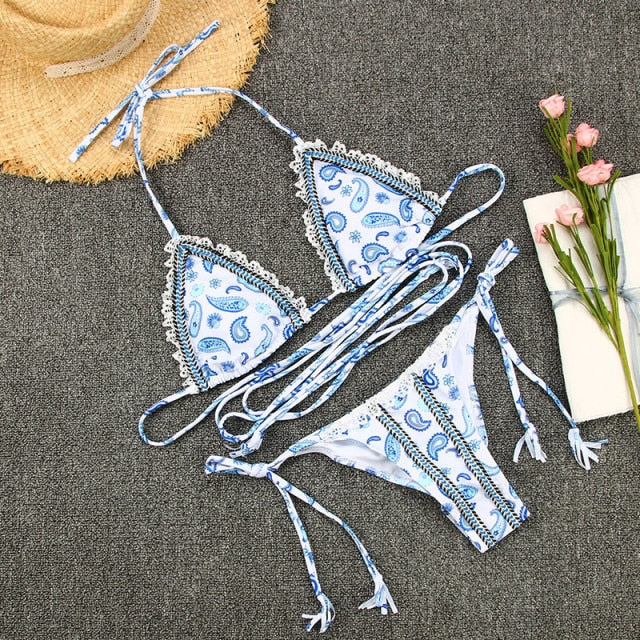 2021 Women's Swimming Suit Swimsuit Push up Webbing Stitching Straps Printed Bikinis Swimwear Bathing Suit Brazilian Biquini