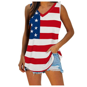 2021 Women's T Shirt Vintage American Flag Print Oversized Sleeveless Tee Top V Neck Pullover Casual Blouse Блузка Женская