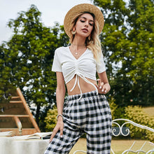 Load image into Gallery viewer, 2021 new Off Shoulder Sexy Top and Pants Two Piece Set Women Party Club Outfits Summer plaid lace up Crop Top Matching Set