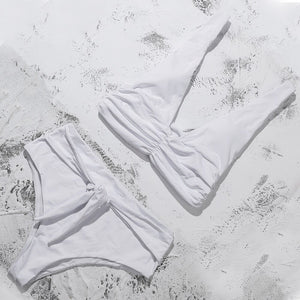 2021 new foreign trade split bikini female sexy solid color fold strap swimsuit