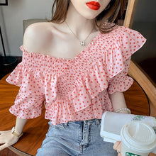 Load image into Gallery viewer, 2021 new summer off shoulder top women&#39;s short sleeve temperament age reducing one shoulder chiffon shirt design