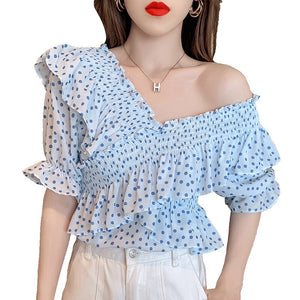 2021 new summer off shoulder top women's short sleeve temperament age reducing one shoulder chiffon shirt design