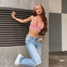 Load image into Gallery viewer, 2021 spring and summer new women&#39;s explosive striped woolen deep V halter strap top