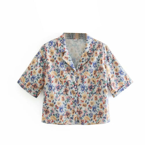2021 summer Women Retro floral Blouses Mujer short Sleeve Single breasted Notched Collar top  vintage Printed short shirt Femme