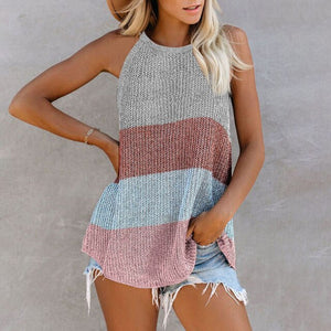 2021 summer new hit color casual round neck thin shoulder strap knitted vest beach blouse top women