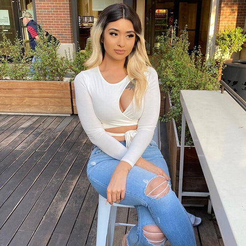 2021 summer new top women short slimming bottoming shirt solid color hollow bandage slim blouse ladies top