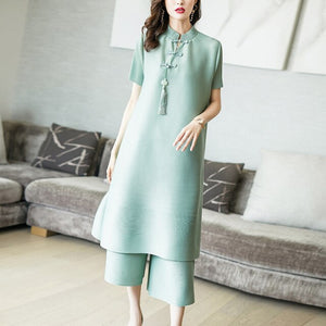 2021New Chinese style Woman Solid Cheongsam Dress + Wide Leg Pants High Elastic 2021 New Autumn Fashion 2 pcs miyake suit