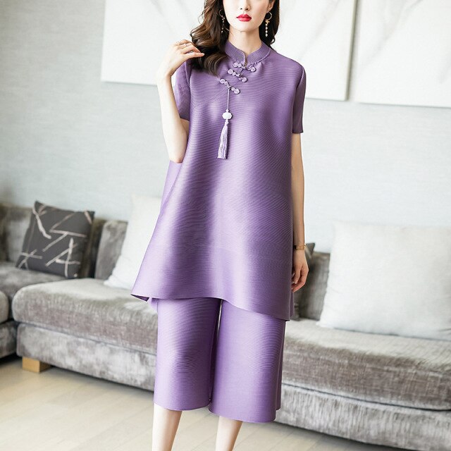 2021New Chinese style Woman Solid Cheongsam Dress + Wide Leg Pants High Elastic 2021 New Autumn Fashion 2 pcs miyake suit