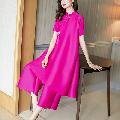 2021New Chinese style Woman Solid Cheongsam Dress + Wide Leg Pants High Elastic 2021 New Autumn Fashion 2 pcs miyake suit