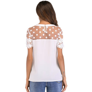 2021New Fashion Women T-shirts Lace Sheer Mesh Floral Crochet Polka Dot Tees Casual Loose Elegant Female Tops White